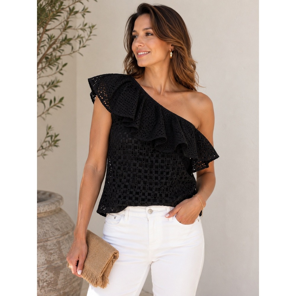 J.Crew Black Eyelet One Shoulder Ruffle Top Nude Lining Size 12 Cotton Blouse